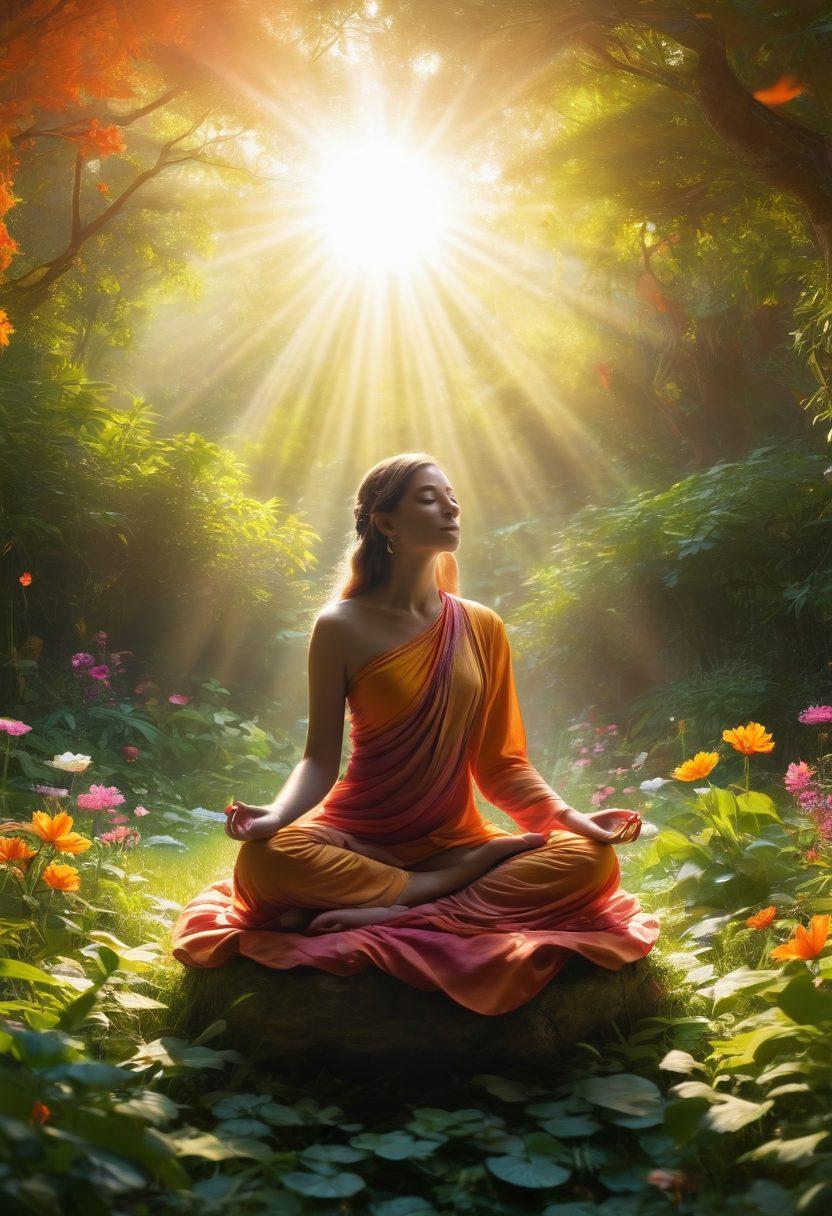 A serene figure meditating in a lush garden, surrounded by radiant light and swirling colors representing joy and enlightenment. Ethereal symbols of Gnosticism, such as ancient texts and spiritual motifs, float in the air, hinting at hidden knowledge. The backdrop features a rising sun, symbolizing awakening and inner happiness. The overall mood is peaceful, inviting, and uplifting. vibrant colors. surrealistic.