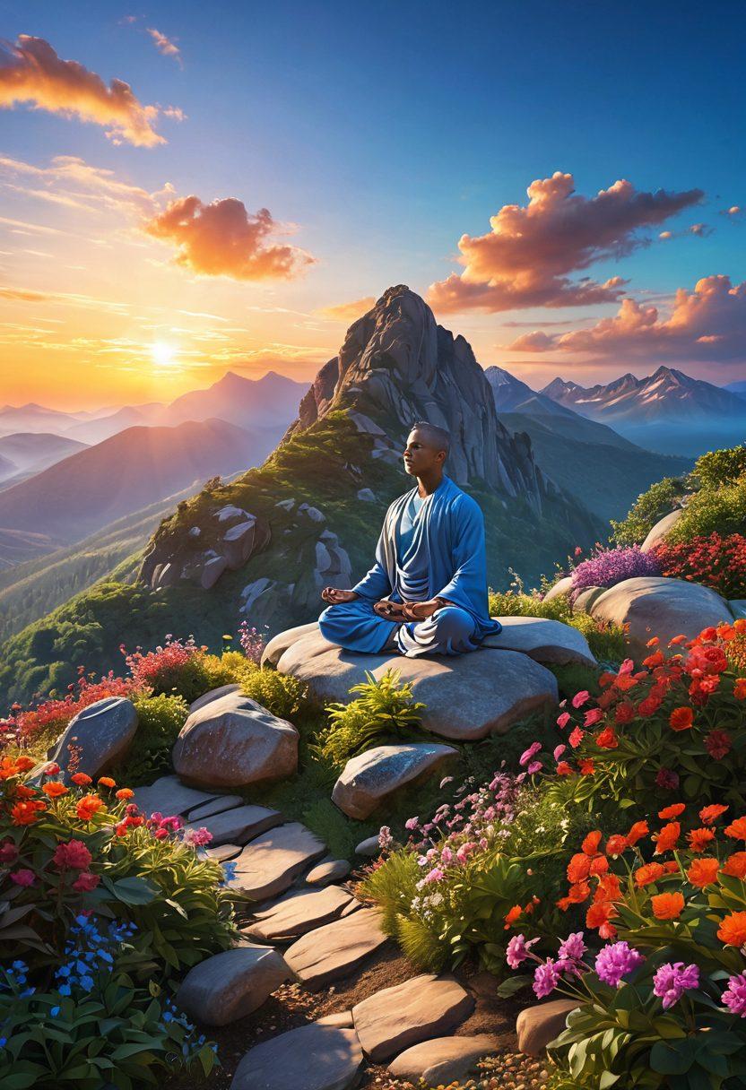 A serene scene depicting a person meditating on a mountain peak at sunrise, surrounded by vibrant flowers and lush greenery. Include swirling, colorful light orbs symbolizing joy and wisdom surrounding the figure, with a clear blue sky above. The landscape should evoke a sense of tranquility and enlightenment. super-realistic. vibrant colors. 3D.