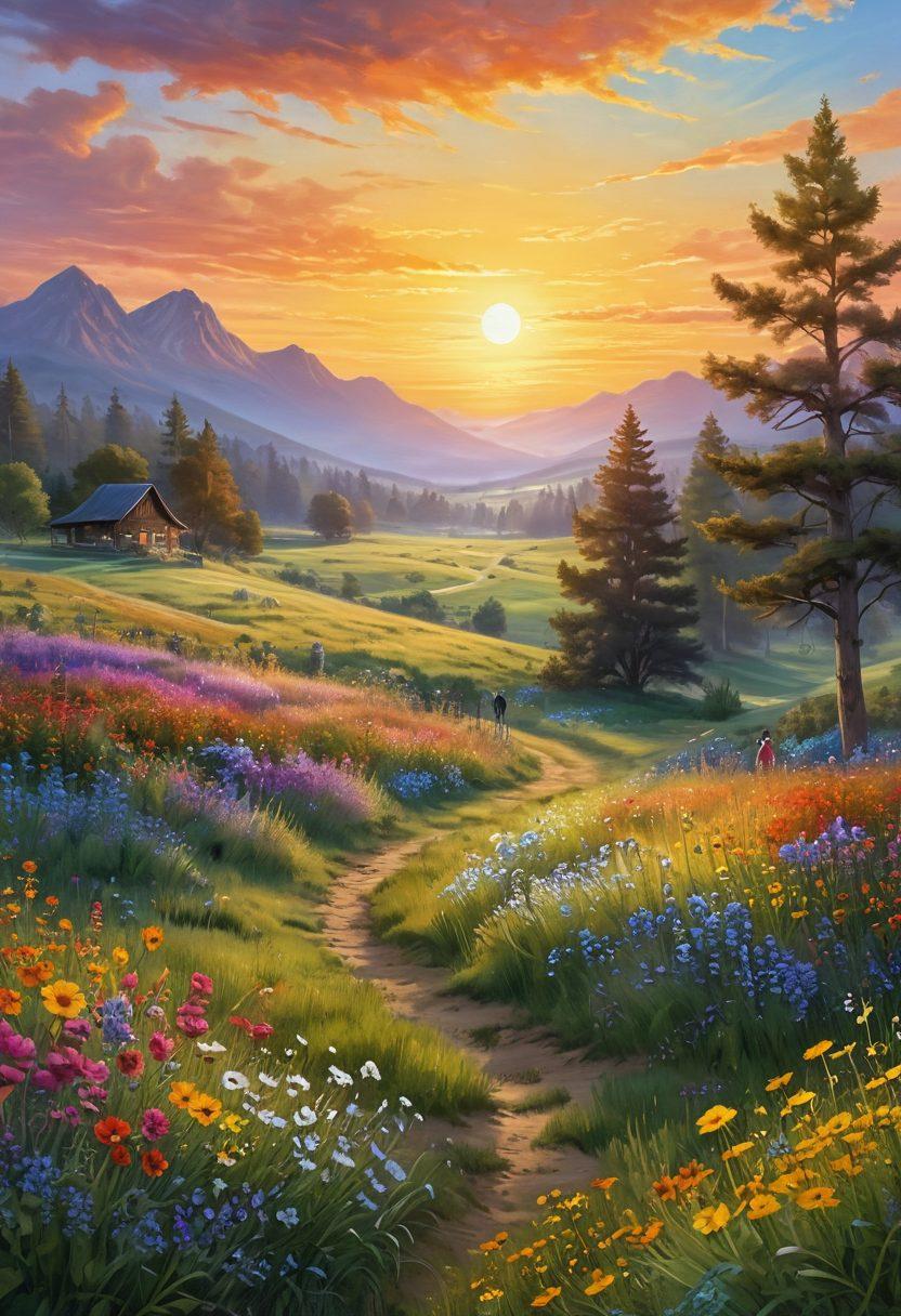 A serene landscape featuring a bright sunrise over a peaceful meadow filled with vibrant wildflowers, where a diverse group of joyful people of different ages and backgrounds are engaging in uplifting activities like painting, dancing, and meditating. The scene radiates warmth and positivity, highlighting a sense of community and cheerfulness. super-realistic. vibrant colors. peaceful atmosphere.